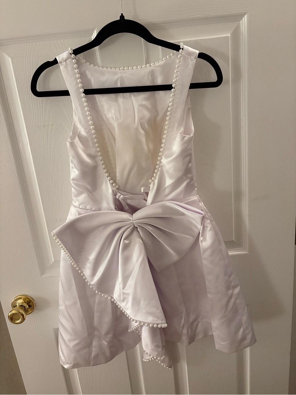 White Pearl-Trim Satin Party Dress with Bow